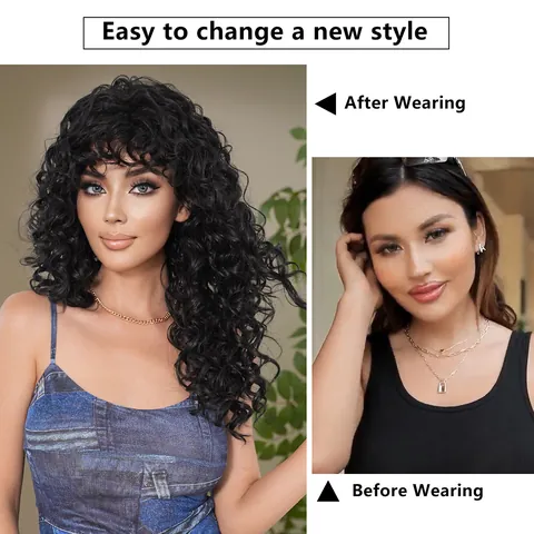 Long Curly Wavy Synthetic Wig With Bangs For Women Heat Resistant Fiber Afro Kinky Curly Daily Party Fashion Hairpiece