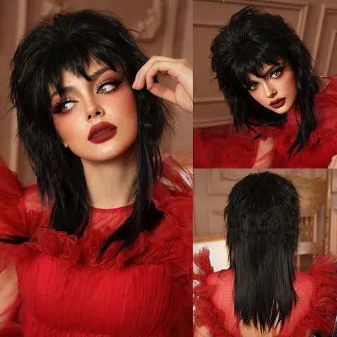 Dames Mullet Pruik Zwart Gothic Retro Punk Stijl Hittebestendige Synthetische Vezel Voor Halloween Cosplay Feest Met Pruikkap