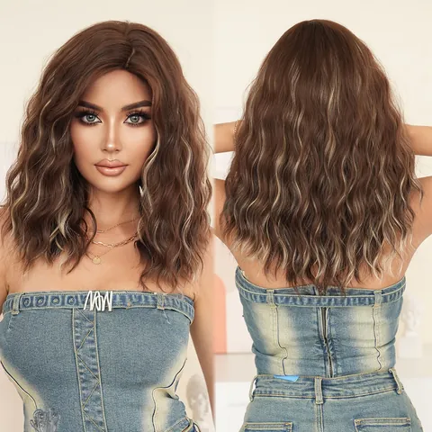 Women Mid-length Wavy Curly Wig With Side Part Bangs Heat Resistant Synthetic Fiber Natural Brown Ombre Blonde Burgundy Highlights Fashion Hair Extension For Daily Party