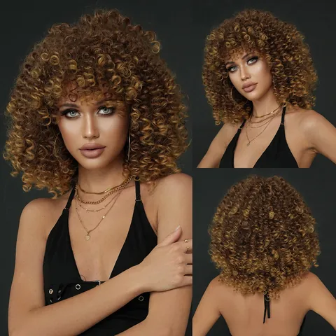 Women's Short Afro Kinky Curly Wig With Bangs Synthetic Heat Resistant Fiber Ombre Brown Gold Spring Curls For Daily Party