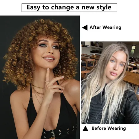 Women's Short Afro Kinky Curly Wig With Bangs Synthetic Heat Resistant Fiber Ombre Brown Gold Spring Curls For Daily Party