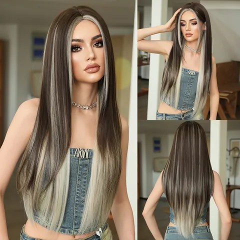 Fashion Long Straight Synthetic Wig For Women Middle Part Brown With Blonde Highlights Heat Resistant Fiber Hair Wig