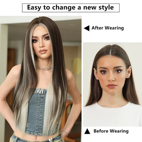 Fashion Long Straight Synthetic Wig For Women Middle Part Brown With Blonde Highlights Heat Resistant Fiber Hair Wig