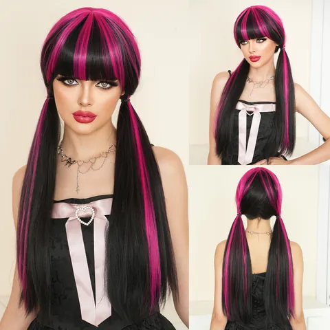 Lange Glatte Schwarz Rosa Gemischte Kunstfaser Perücke Mit Pony Hochtemperatur Für Halloween Cosplay Party Damen