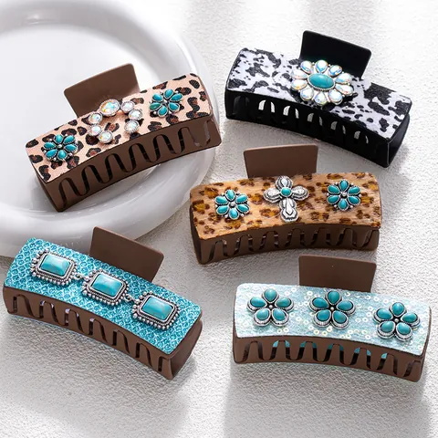 Bohemian Western Style Large Hair Claw Clip Leopard Cow Print Turquoise Rhinestone Sequin Plastic Alloy Vintage Hair Accessory For Women