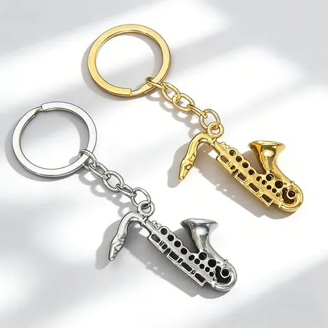 Portachiavi Creativo Vintage in Metallo a Forma di Sassofono Strumento Musicale Oro Argento Lega per Amanti della Musica