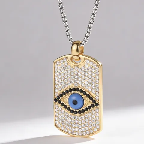 Collana con Ciondolo Malocchio Hip Hop da Uomo in Acciaio al Titanio Targhetta Militare Rettangolare Ciondolo Solo Senza Catena