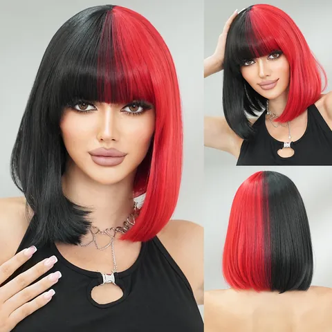 Parrucca Bob Bicolore Nero E Rosso Con Frangia Capelli Sintetici Corti Lisci Resistenti Al Calore Per Halloween Cosplay Festa Donna