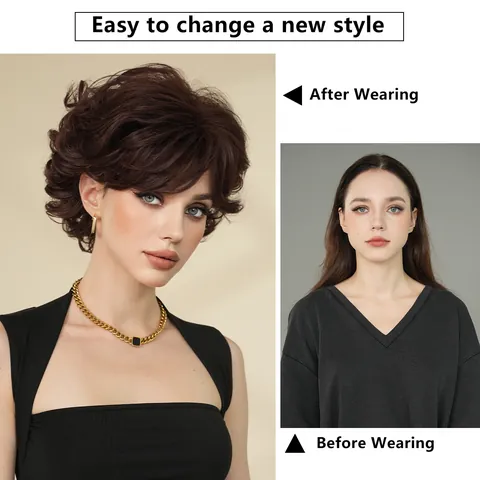 Kurze Lockige Perücke Für Damen Synthetische Hitzebeständige Shaggy Layered Retro Haarperücke Mit Seitlichem Pony Naturhaar