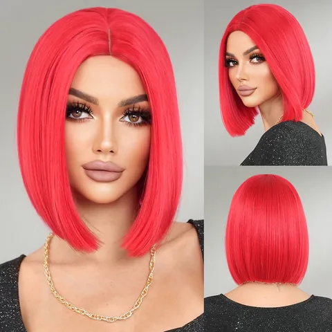 Parrucca Bob Corta Rossa Riga in Mezzo Liscia Fibra Sintetica ad Alta Temperatura Cosplay Halloween Festa Donna