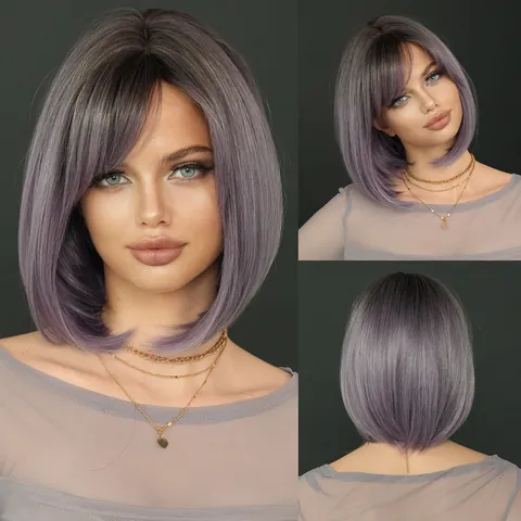 Women Ombre Short Bob Wig Synthetic Heat Resistant Fiber Straight Hair With Side Bangs Daily Fashion Lady Wigs