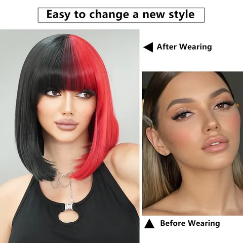 Parrucca Bob Bicolore Nero E Rosso Con Frangia Capelli Sintetici Corti Lisci Resistenti Al Calore Per Halloween Cosplay Festa Donna