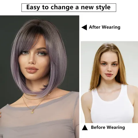 Women Ombre Short Bob Wig Synthetic Heat Resistant Fiber Straight Hair With Side Bangs Daily Fashion Lady Wigs