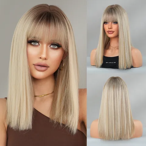 Shoulder Length Straight Synthetic Hair Wig With Blunt Bangs Matte High Temperature Fiber Ombre Blonde Brown Hair For Women Daily Wear Cosplay