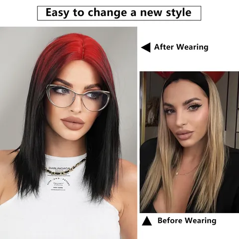 Damen Ombre Rot Schwarz Schulterlange Glatte Perücke Synthetisches Hitzebeständiges Haar Für Party Täglich Comic Mode Perücke
