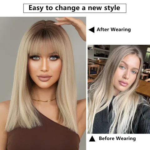 Shoulder Length Straight Synthetic Hair Wig With Blunt Bangs Matte High Temperature Fiber Ombre Blonde Brown Hair For Women Daily Wear Cosplay
