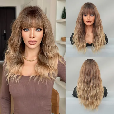 Ombre Brown Long Wavy Wig With Bangs Synthetic Fiber Natural Wave Full Head Hair For Women Daily Fashion Party Hair