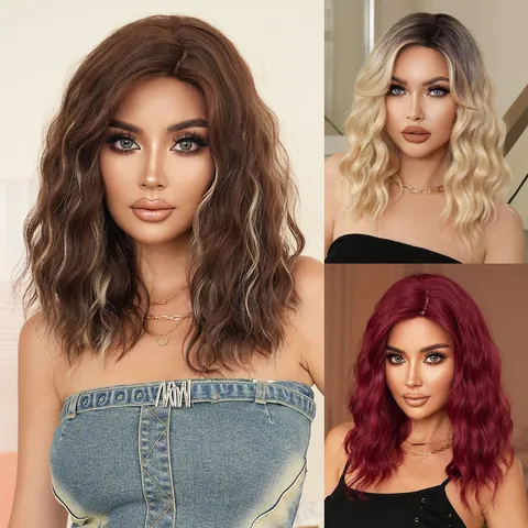 Women Mid-length Wavy Curly Wig With Side Part Bangs Heat Resistant Synthetic Fiber Natural Brown Ombre Blonde Burgundy Highlights Fashion Hair Extension For Daily Party