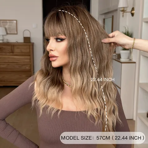 Ombre Brown Long Wavy Wig With Bangs Synthetic Fiber Natural Wave Full Head Hair For Women Daily Fashion Party Hair