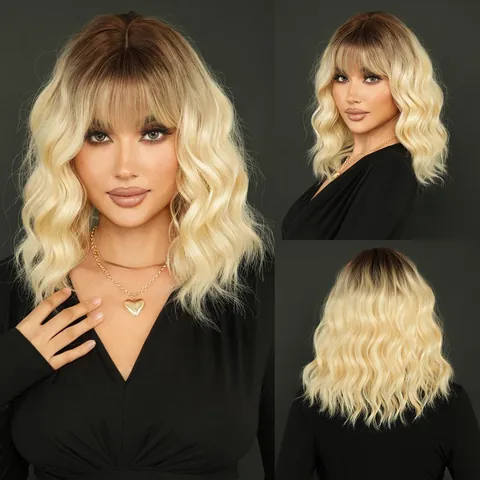 Ombre Blonde Green Wavy Bob Wig With Bangs High Temperature Synthetic Fiber Heat Resistant Daily Party Hair For Women