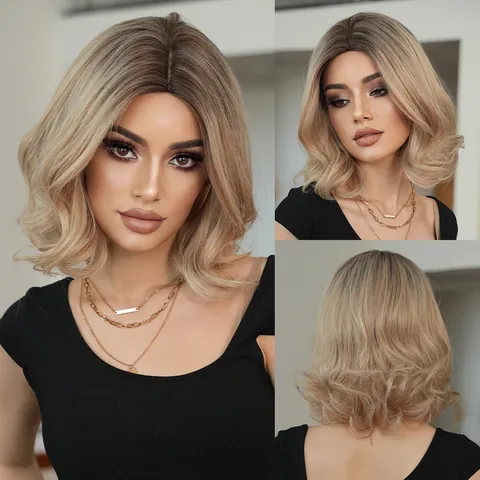 Middle Part Shoulder Length Wavy Wig Ash Blonde Ombre Synthetic Heat Resistant Fiber Wig For Women Natural Look Daily Hair