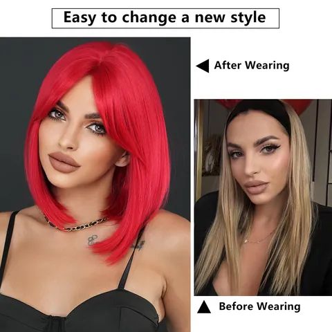 Parrucca Bob Corta Liscia Rossa Da Donna Con Frangia Capelli Sintetici Resistenti Al Calore Per Halloween Pasqua Cosplay Party