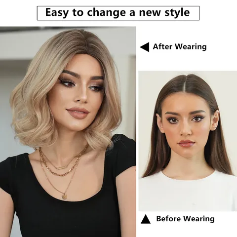 Middle Part Shoulder Length Wavy Wig Ash Blonde Ombre Synthetic Heat Resistant Fiber Wig For Women Natural Look Daily Hair