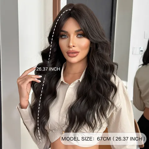 Women Long Wavy Wig With Curtain Bangs Heat Resistant Synthetic Fiber Natural Black Ombre Gold Hair Wig For Daily Party Wear