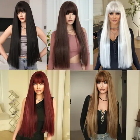 Extra Lange Rechte Synthetische Pruik Met Rechte Pony Hoge Temperatuur Vezel Blunt Cut Natuurlijke Look Haarstuk Voor Dames Cosplay