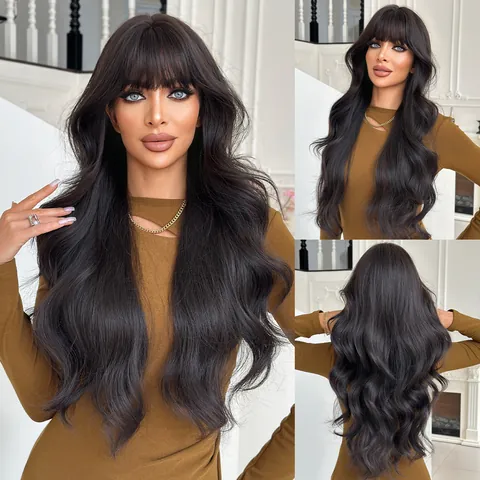 Parrucca Sintetica Lunga Body Wave da Donna Con Frangia Piatta Aspetto Naturale Fibra Opaca Resistente al Calore Accessorio per Capelli
