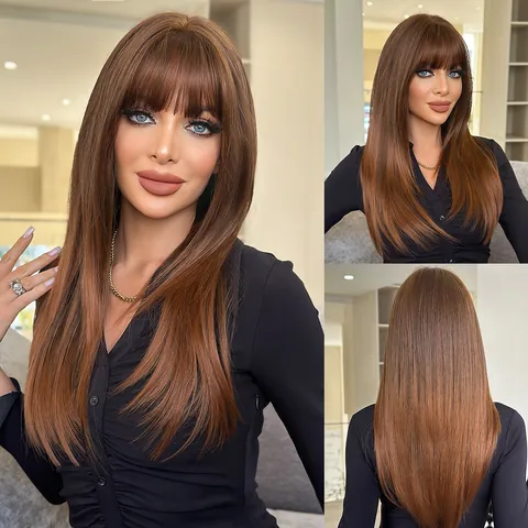 Long Straight Layered Wig With Bangs Sandy Brown Gradient Heat Resistant Synthetic Fiber Full Hairpiece For Women Haircare
