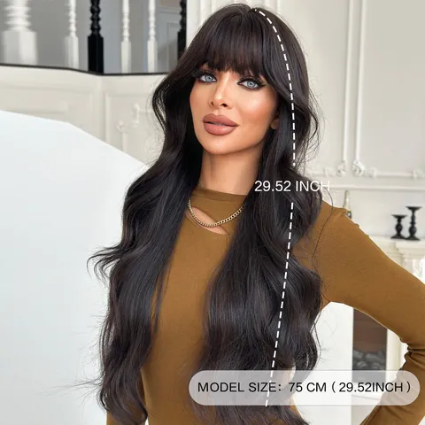 Parrucca Sintetica Lunga Body Wave da Donna Con Frangia Piatta Aspetto Naturale Fibra Opaca Resistente al Calore Accessorio per Capelli