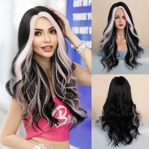 Women Long Wavy Synthetic Wig Natural Lace Parting Heat Resistant Hair Daily Party Fashion Money Piece Highlights