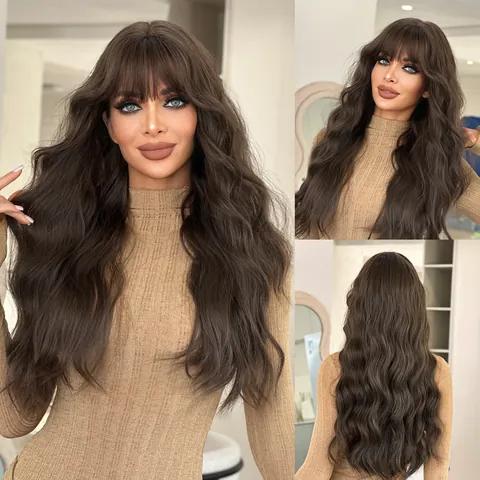 Long Wavy Curly Wig With Bangs For Women Heat Resistant Synthetic Fiber Natural Looking Full Head Wig For Daily Party Use