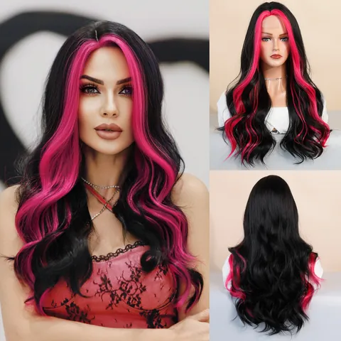 Peluca Sintética Larga Ondulada Lace Front Para Mujer Mechas Money Piece Fibra De Alta Temperatura Raya Natural