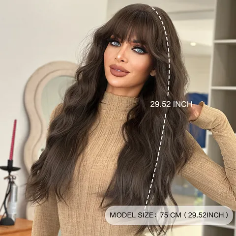Long Wavy Curly Wig With Bangs For Women Heat Resistant Synthetic Fiber Natural Looking Full Head Wig For Daily Party Use