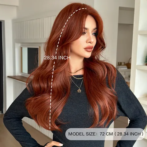 Long Wavy Synthetic Hair Wig With Curtain Bangs Heat Resistant Fiber Orange Red Black Tea Color Natural Wave Daily Fashion Women Hairpiece