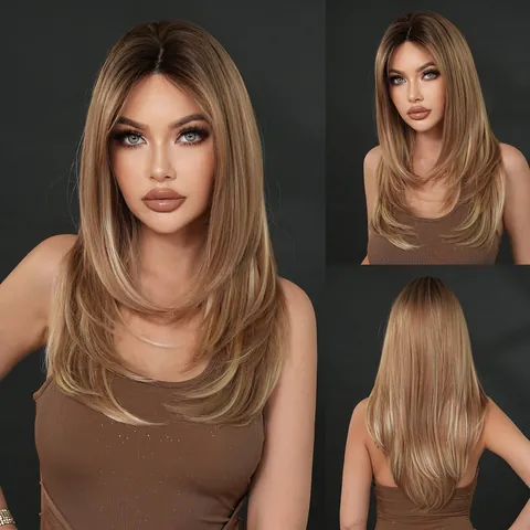 Layered Ombre Blonde Long Straight Wig For Women Heat Resistant Synthetic Hair Wolf Cut Natural Looking Daily Party Fashion Wig