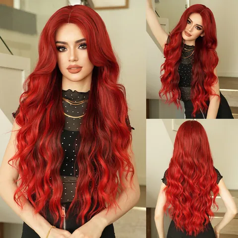 Parrucca Lunga Ondulata Rossa Per Donna Capelli Sintetici Ad Alta Temperatura Riga Centrale Fibra Resistente Al Calore Cosplay Festa