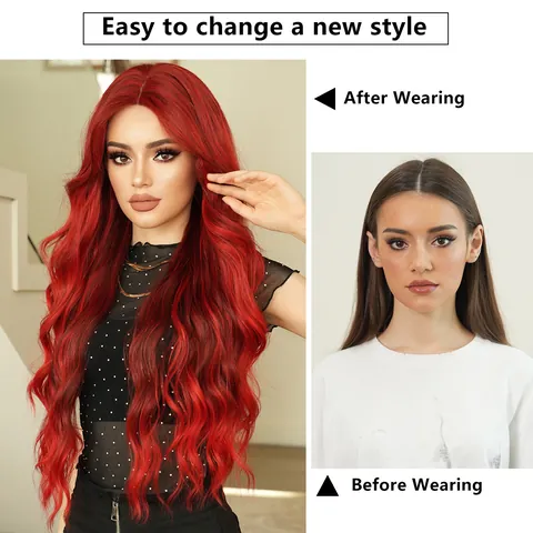 Parrucca Lunga Ondulata Rossa Per Donna Capelli Sintetici Ad Alta Temperatura Riga Centrale Fibra Resistente Al Calore Cosplay Festa
