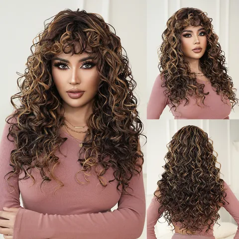 Γυναικεία Συνθετική Μακριά Kinky Curly Περούκα Με Αφέλειες Ίνα Ανθεκτική Στη Θερμότητα Καφέ Ανταύγειες Μαύρο Κόκκινο Πορτοκαλί
