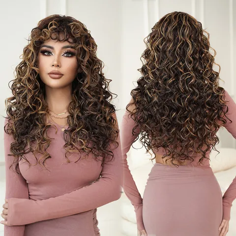Γυναικεία Συνθετική Μακριά Kinky Curly Περούκα Με Αφέλειες Ίνα Ανθεκτική Στη Θερμότητα Καφέ Ανταύγειες Μαύρο Κόκκινο Πορτοκαλί