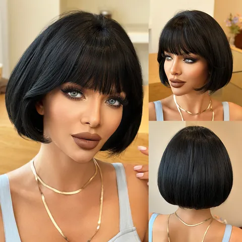 Women Short Straight Bob Wig With Bangs Synthetic Heat Resistant Fiber Natural Looking Full Hair Replacement Wig For Daily Party Wear