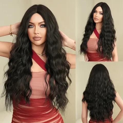 Middle Part Long Wavy Synthetic Wig Heat Resistant Fiber Natural Full Head Hair Cover For Women Daily Party Cosplay