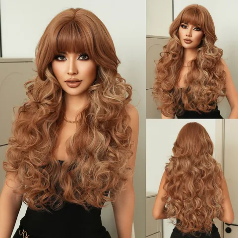 Lolita Rosagold Lange Lockige Synthetische Haarperücke Für Damen Hitzebeständige Große Welle Cosplay Süßes Haarteil Mit Pony