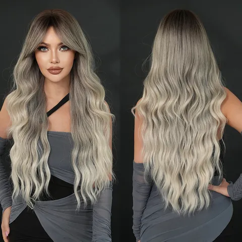 Long Wavy Synthetic Wig For Women With Curtain Bangs Ombre Heat Resistant Fiber Big Wave Wig For Party Daily Use