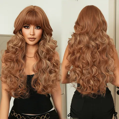 Lolita Rosagold Lange Lockige Synthetische Haarperücke Für Damen Hitzebeständige Große Welle Cosplay Süßes Haarteil Mit Pony