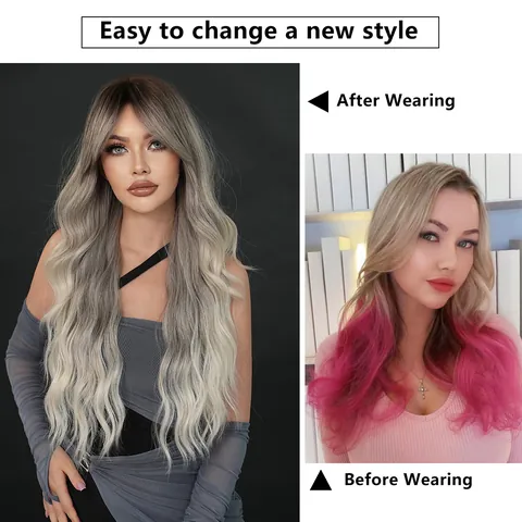 Long Wavy Synthetic Wig For Women With Curtain Bangs Ombre Heat Resistant Fiber Big Wave Wig For Party Daily Use