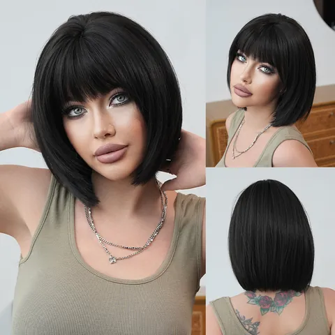 Parrucca Bob Corta Liscia da Donna Con Frangia Nero Naturale Fibra Sintetica Resistente al Calore Parrucche alla Moda per Donna
