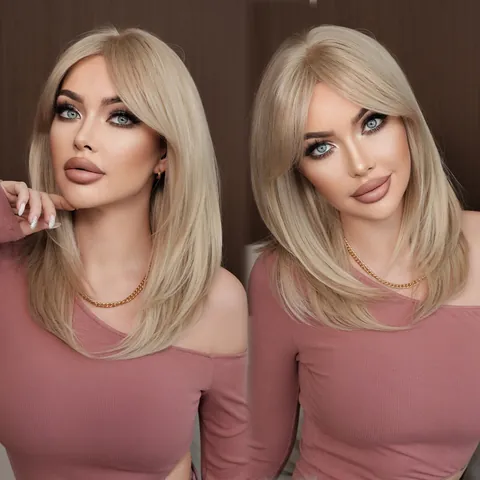 Women Layered Light Gray Blonde Straight Synthetic Fiber Wig With Curtain Bangs Heat Resistant Fashion Daily Hair